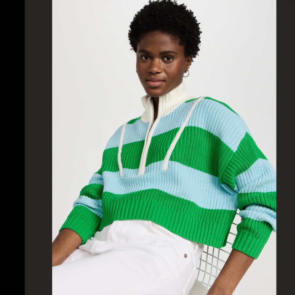 STAUD Cropped Hampton Cardigan Cream and Green and Blue Knit